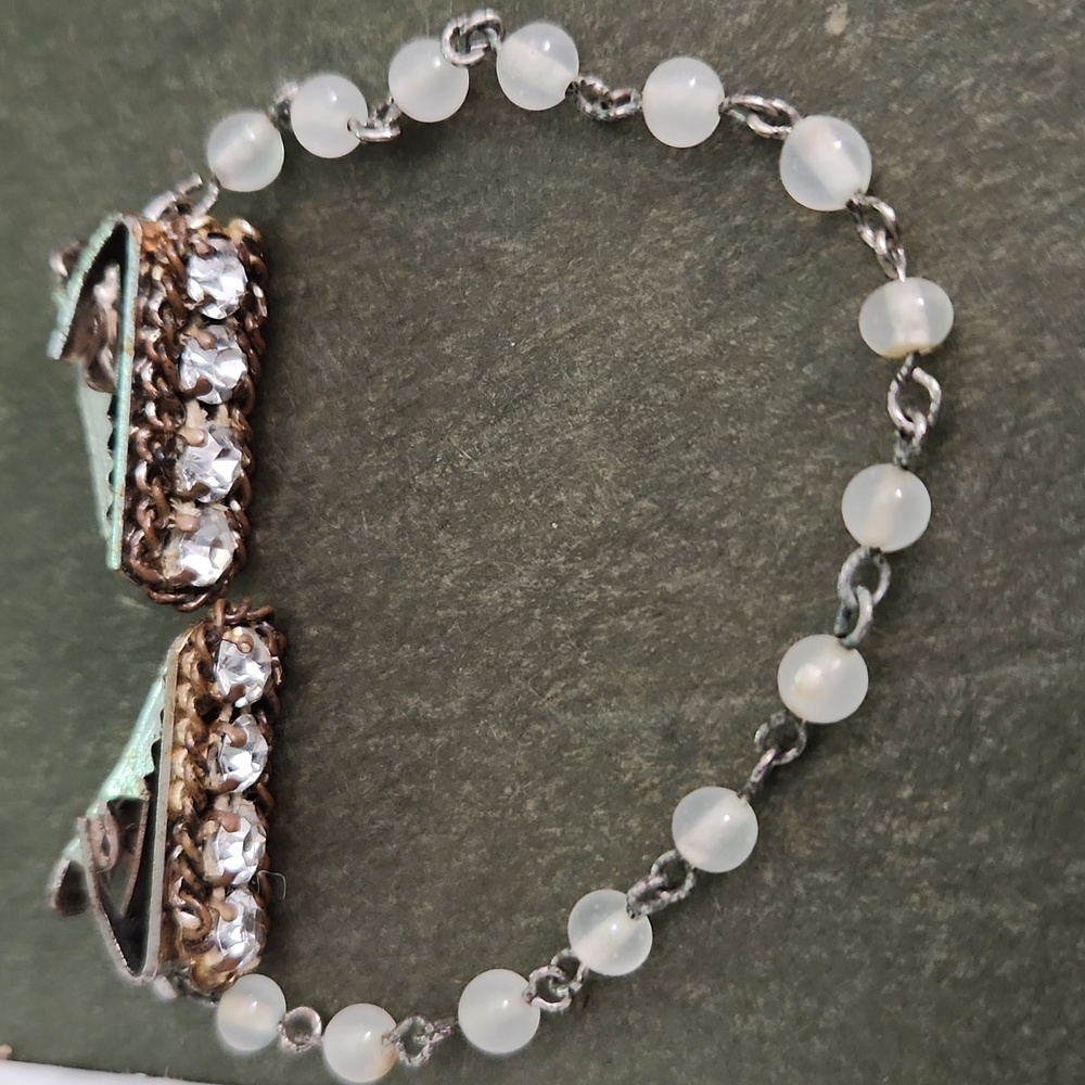 Vintage Sweater cardigan clips. Rhinestones, white beads silver tone clasp